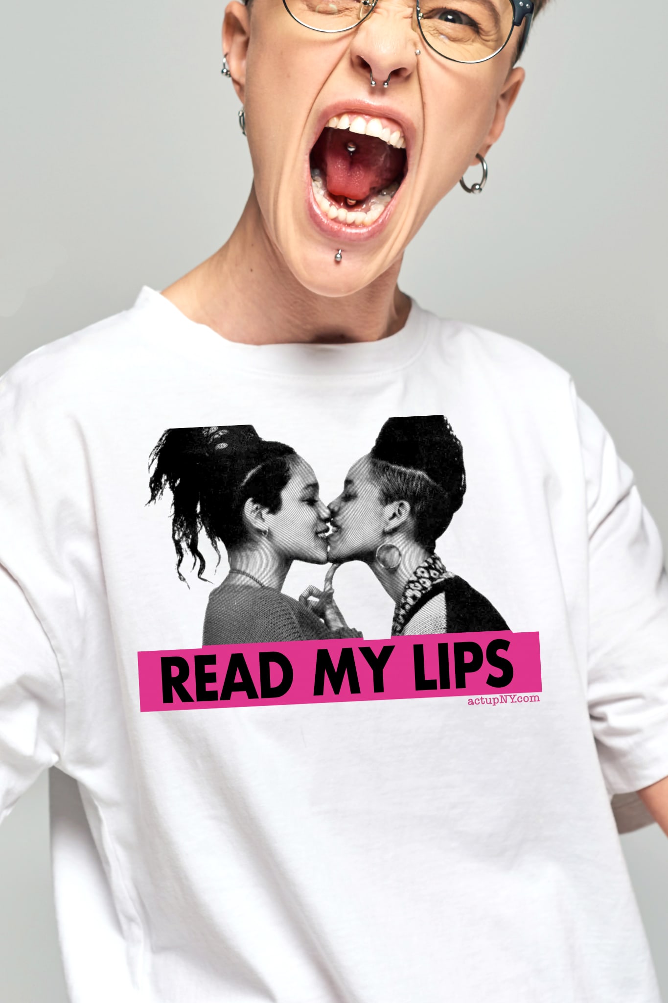 ACT UP "Read My Lips" Fem T-Shirt, WHITE A lesbian woman wearing an ACT UP "Read My Lips" Fem T-Shirt, WHITE