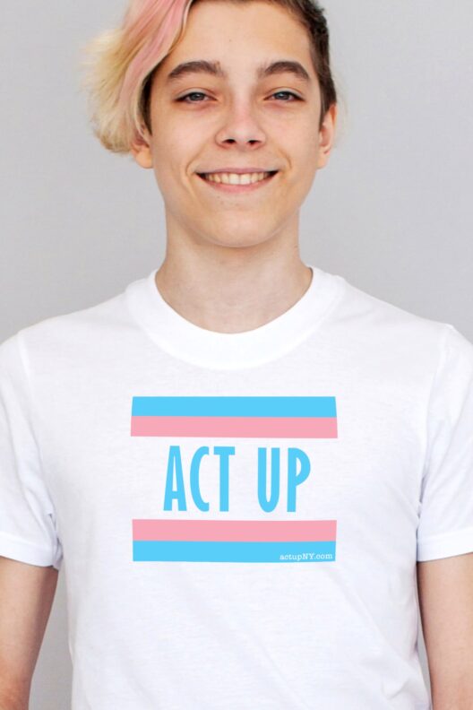 Trans youth wearing an ACT UP Trans T-Shirt