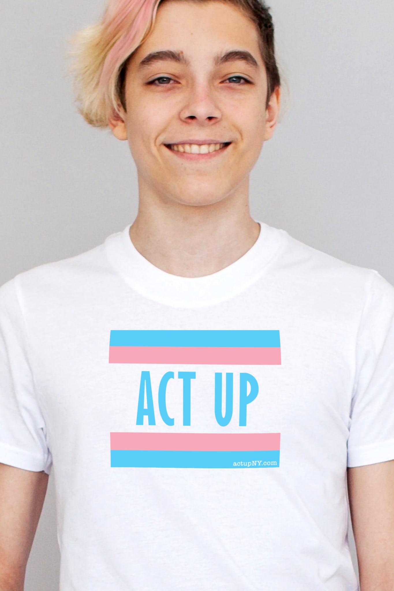 Trans ACT UP T-Shirt Trans youth wearing an ACT UP Trans T-Shirt