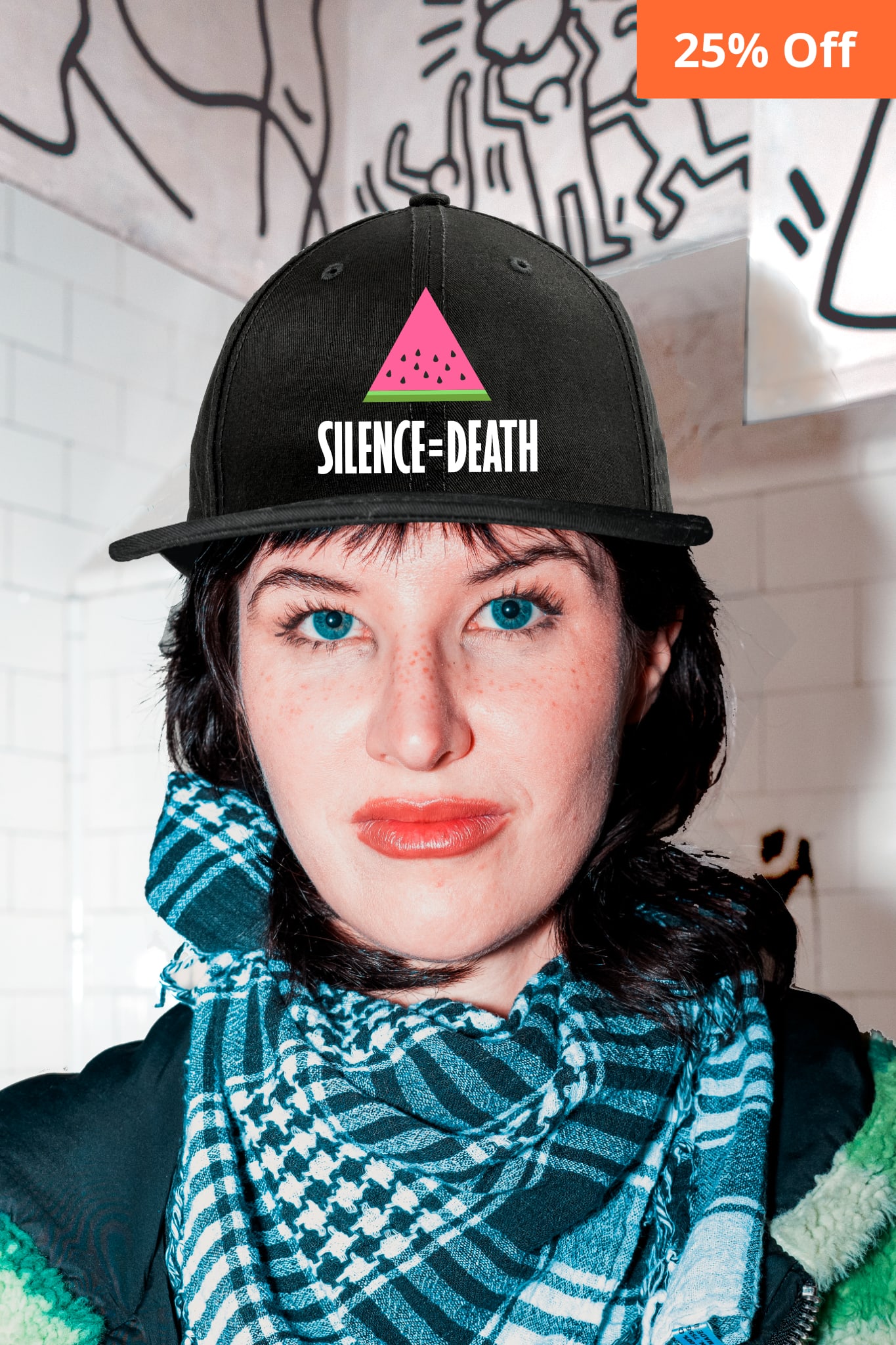 ACT UP NY, SILENCE=DEATH Watermelon Baseball Cap to Benefit Palestine, BLACK Individual wearing an ACT UP NY, SILENCE=DEATH Watermelon Baseball Cap to Benefit Palestine, BLACK
