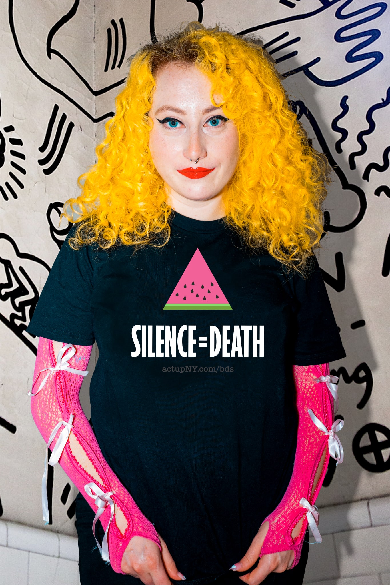 SILENCE=DEATH ACT UP NY Watermelon T‑Shirt to benefit Palestine, BLACK Someone wearing a black SILENCE=DEATH ACT UP NY Watermelon T‑Shirt to benefit Palestine